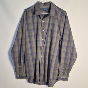 Cole Haan Men L Button Down Blue Gray Plaid Check Long Sleeve Cotton Blend